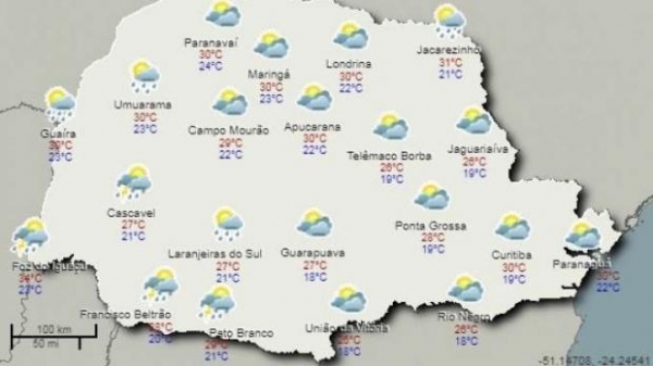  Nas regiões Oeste e Sudoeste do Paraná, as chuvas estão previstas acompanhadas com trovoada. (Foto: Simepar)