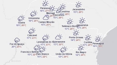 Para Nova Santa Rosa a temperatura máxima é de 26° e a mínima de 18°. (Imagem: Simepar)