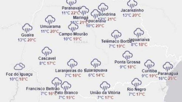 Em Cascavel deve fazer 8ºC. (Foto: Simepar)