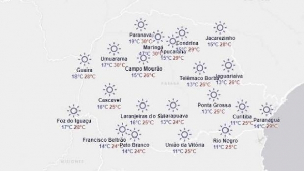 O domingo (15) amanheceu com o céu aberto e temperaturas amenas em todo o estado do Paraná. (Foto: Simepar)
