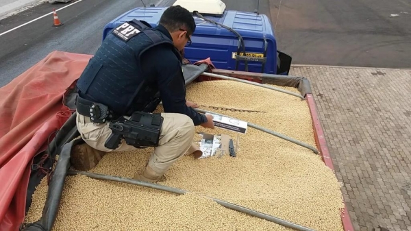 O cigarro estava sendo transportado embaixo de uma carga de soja, e seria entregue no Rio Grande do Sul. (Foto: PRF)
