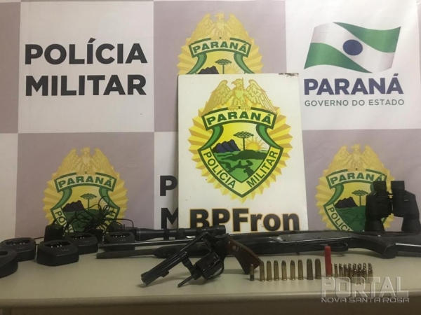 Foi localizado 3 armas de fogo - 1 Revolver e duas espingardas, bem como munições de diversos calibres, de origem paraguaia. (Foto: BPFron)