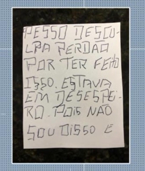 Junto com o pacote que ladrão mandou com peças de roupas e dinheiro, homem mandou um bilhete pedindo desculpas — Foto: Reprodução/RPC