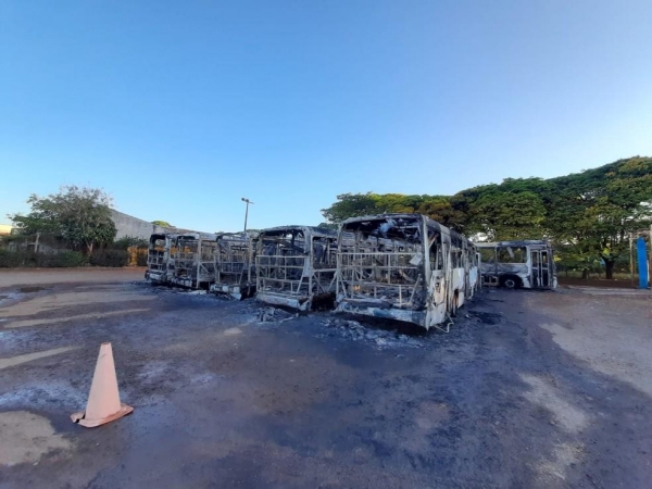 Ônibus ficaram completamente destruídos pelo fogo — Foto: João Dutra/RPC
