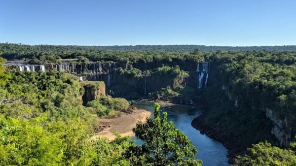 Com cataratas irreconhecíveis, rio Iguaçu está \'doente\' e vê mata nativa minguar — Foto: BBC News Brasil