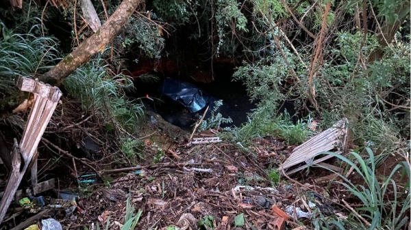 O veículo ficou submerso na água, após cair de uma altura aproximada de seis a sete metros. (Foto: Catve)