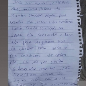 Carta deixada pela mãe junto à carta. Divulgação/SAMU Palhoça