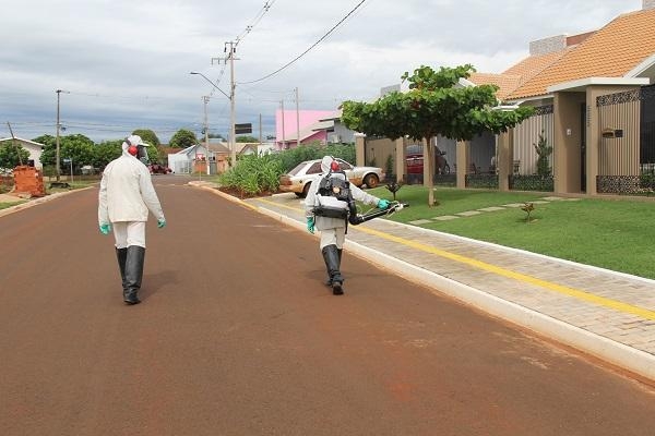 Nesta semana foi iniciada a aplicação de inseticida com bomba costal motorizada na sede do município.. (Foto: Assessoria)