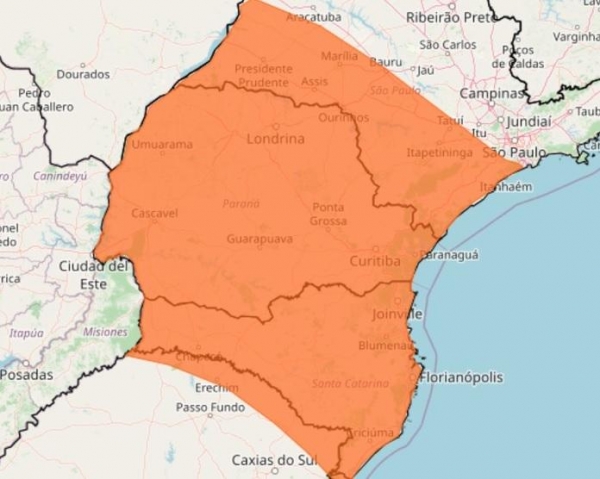 Alerta de tempestade para domingo (8) abrange Paraná, Santa Catarina e parte de São Paulo e Rio Grande do Sul — Foto: Reprodução