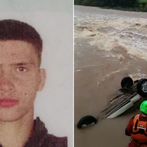 Carro onde estava Mario César Trielweiler Gonçalves, de 21 anos, caiu e foi pela água de um arroio entre Caxias do Sul e Nova Petrópolis — Foto: Reprodução e Divulgação/Bombeiros Voluntários de Nova Petrópolis