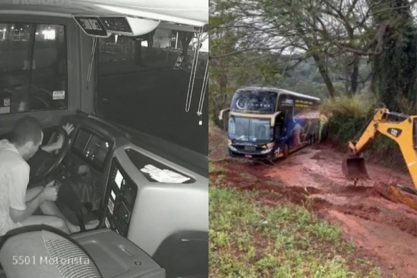 Homem furtou um ônibus e abandonou o veículo após bater e atolar ele. — Foto: Reprodução/RPC